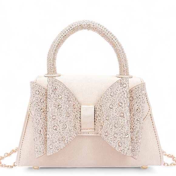 Handbags - Vegan Leather Rhinestone Bow Top Handle Bag - Gold, Black, and Silver